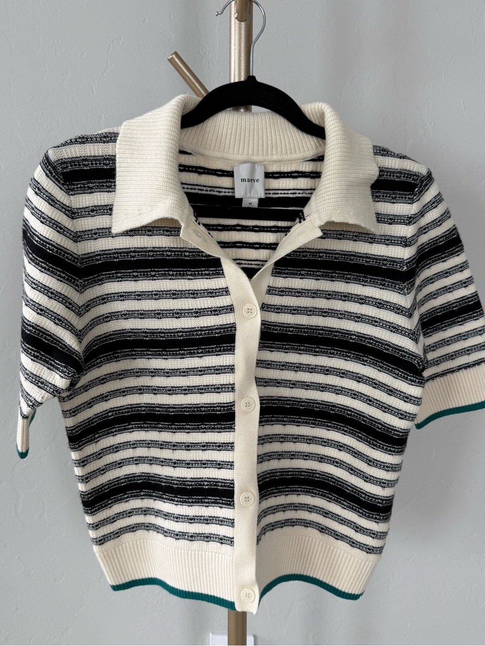 Maeve Cream and Black Striped Short-Sleeve Collared Cardigan